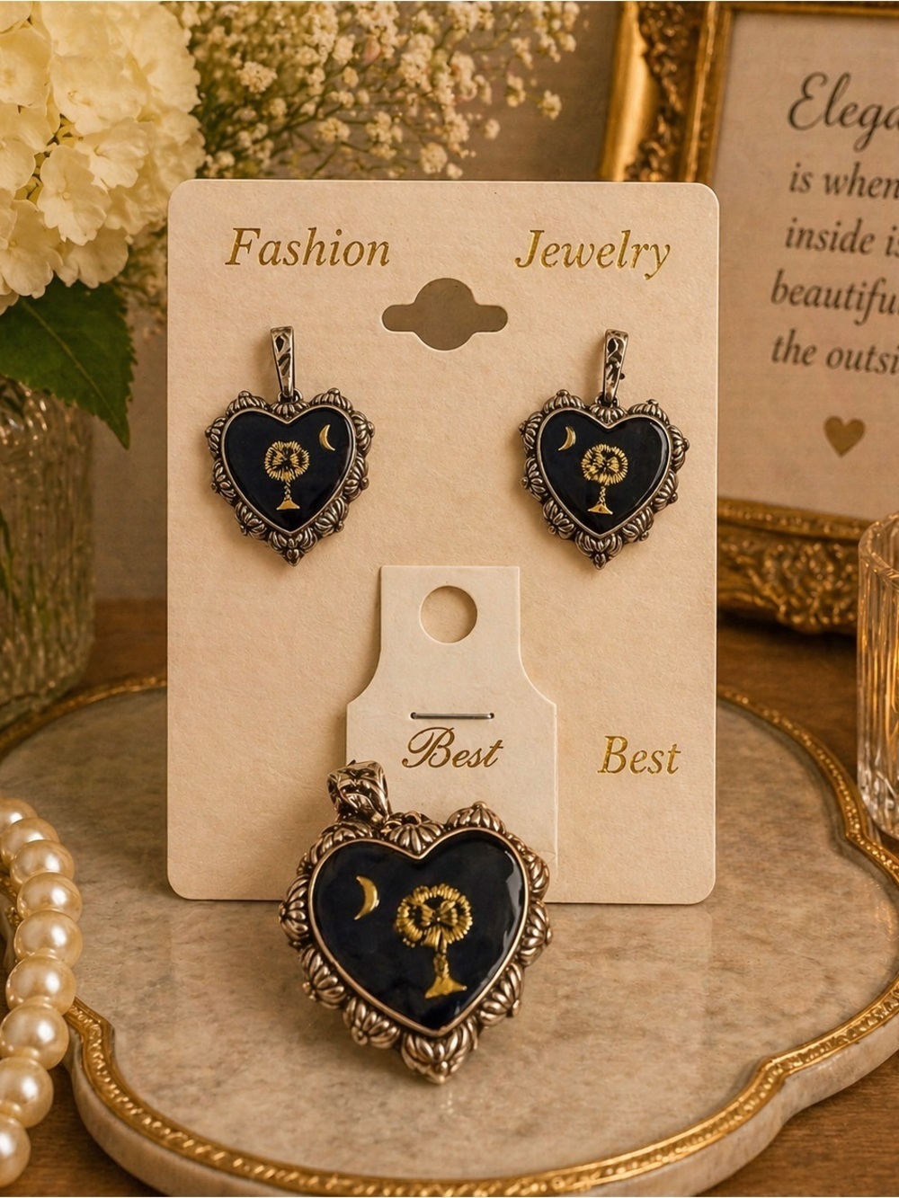 Vintage Black and Gold Heart Pendant & Earring Set - Unbranded - Picture 1 of 3